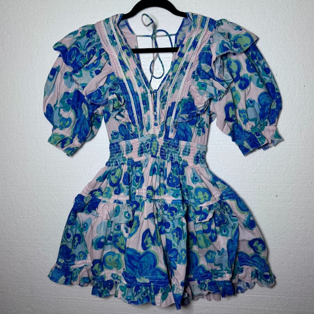 Alivia Perla Mini Dress Medium Floral Ruffle V-Neck Puff Sleeve Boho Cottagecore